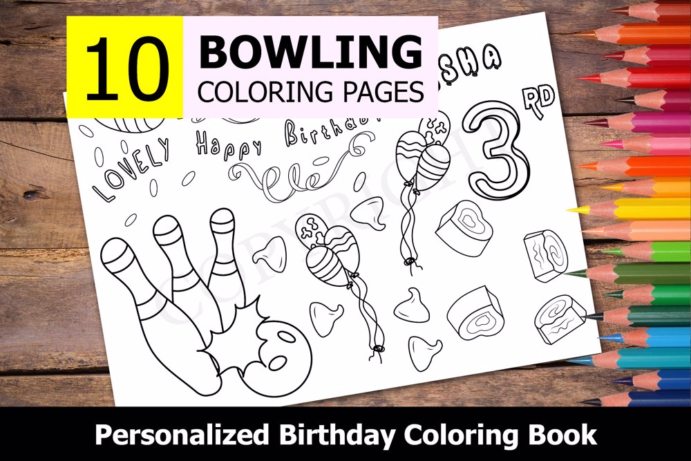 Bowling Theme Personalized Birthday Coloring Book