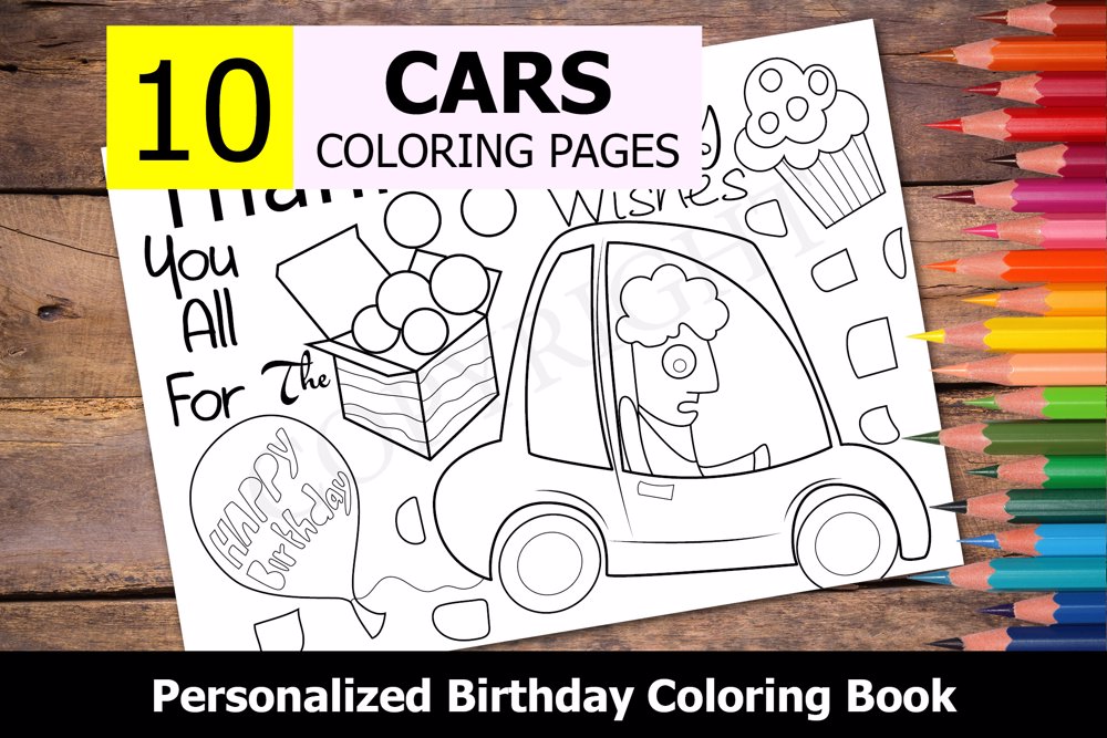 Cars Theme Personalized Birthday Coloring Book