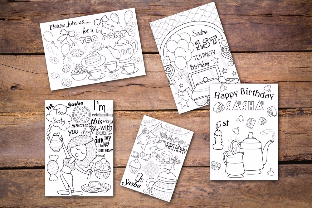 Tea Party Theme Personalized Birthday Coloring Book