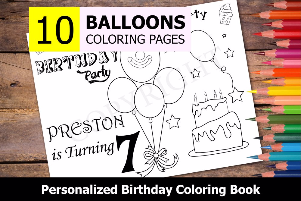 Balloons Theme Personalized Birthday Coloring Book
