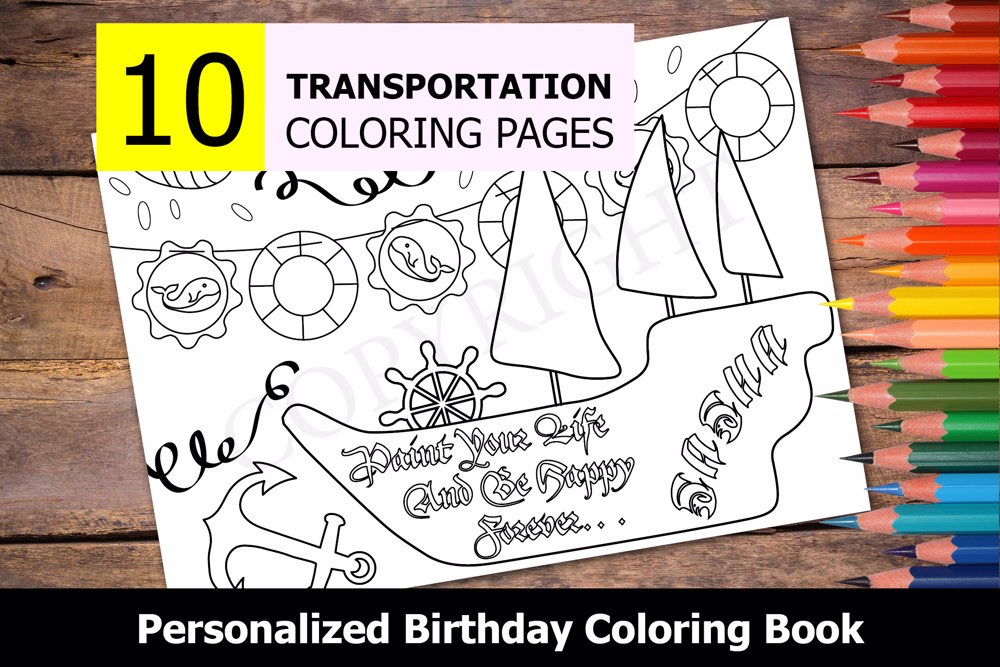 Transportation Theme Personalized Birthday Coloring Book