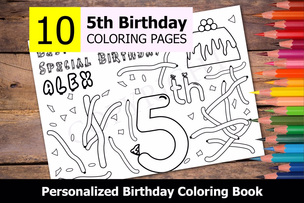 5th Birthday Theme Personalized Birthday Coloring Book