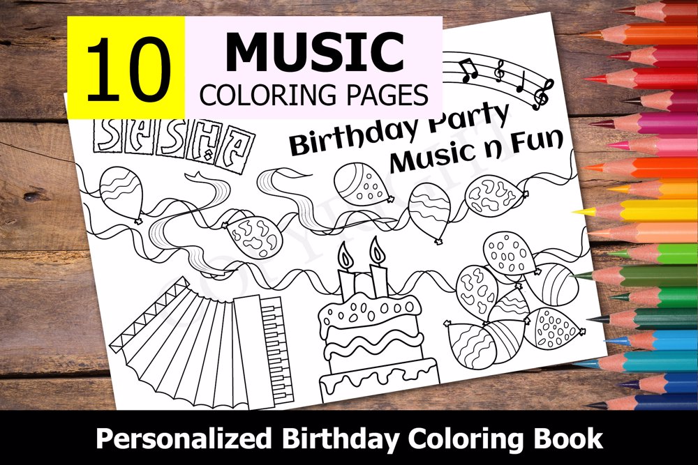 Music Theme Personalized Birthday Coloring Book
