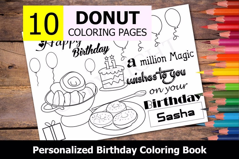 Donut Theme Personalized Birthday Coloring Book