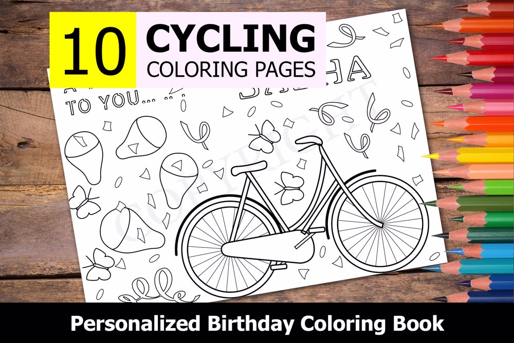 Cycling Theme Personalized Birthday Coloring Book