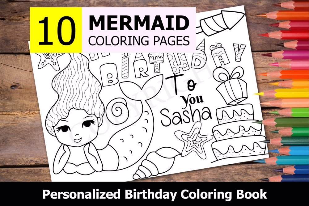 Mermaid Theme Personalized Birthday Coloring Book