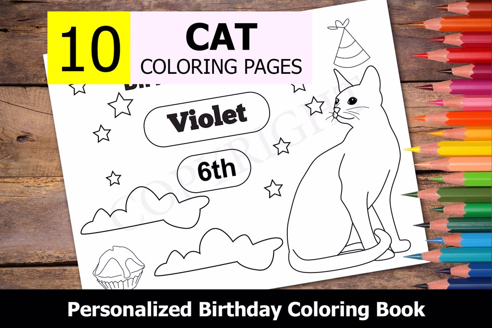 Cat Theme Personalized Birthday Coloring Book