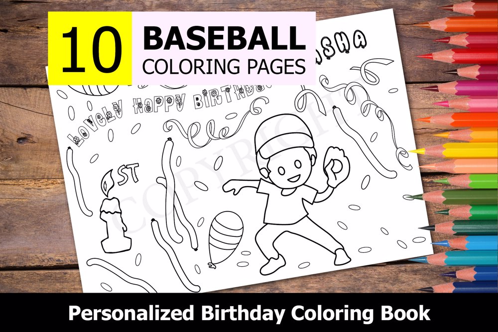Baseball Theme Personalized Birthday Coloring Book