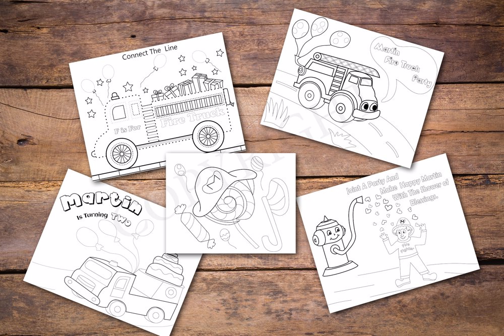 Fire Truck Theme Personalized Birthday Coloring Book