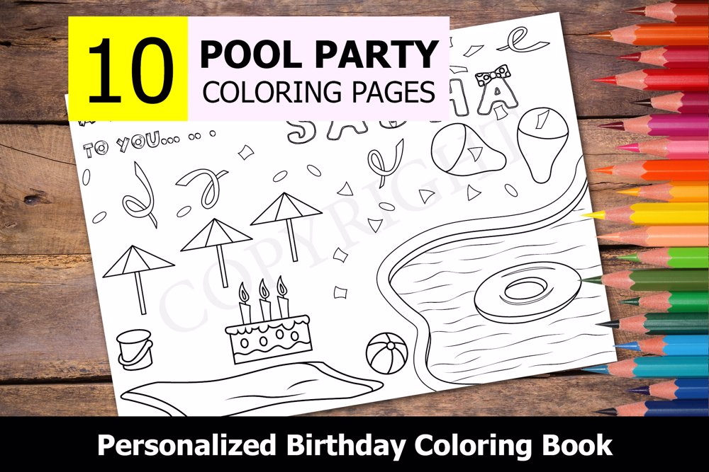Pool Party Theme Personalized Birthday Coloring Book