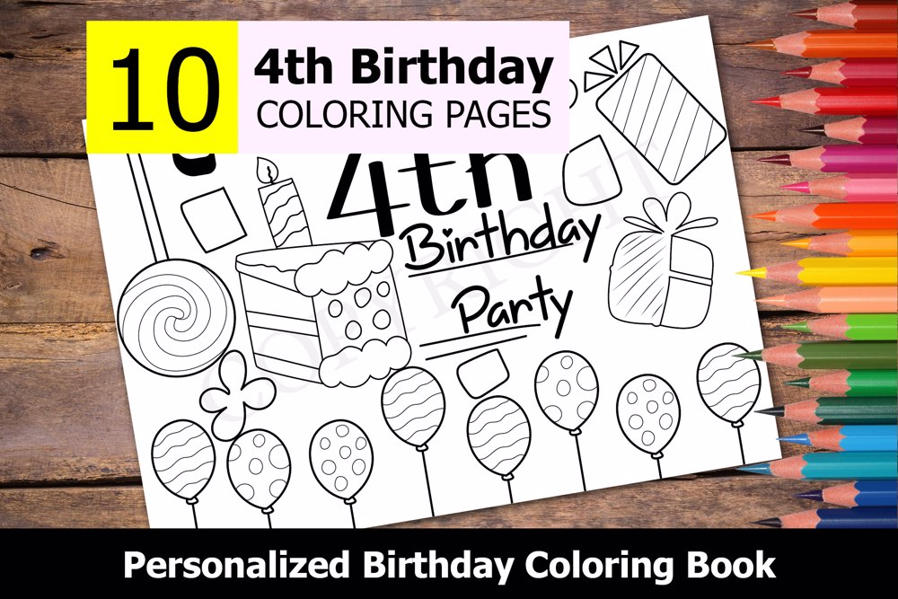 4th Birthday Theme Personalized Birthday Coloring Book