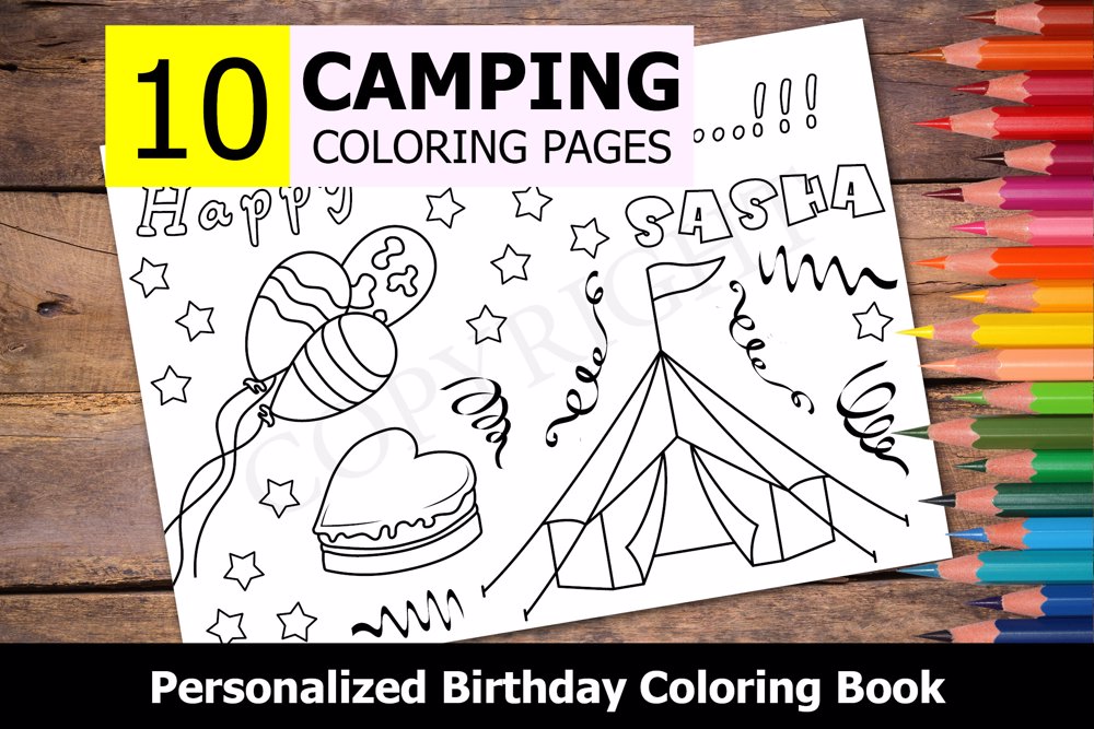 Camping Theme Personalized Birthday Coloring Book