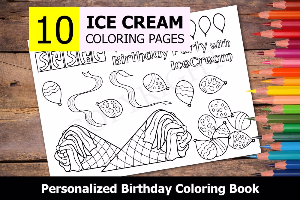 Ice Cream Theme Personalized Birthday Coloring Book