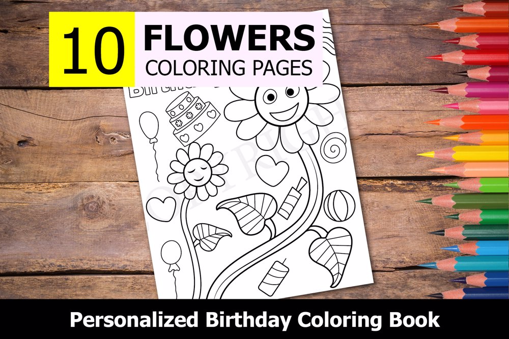 Flowers Theme Personalized Birthday Coloring Book