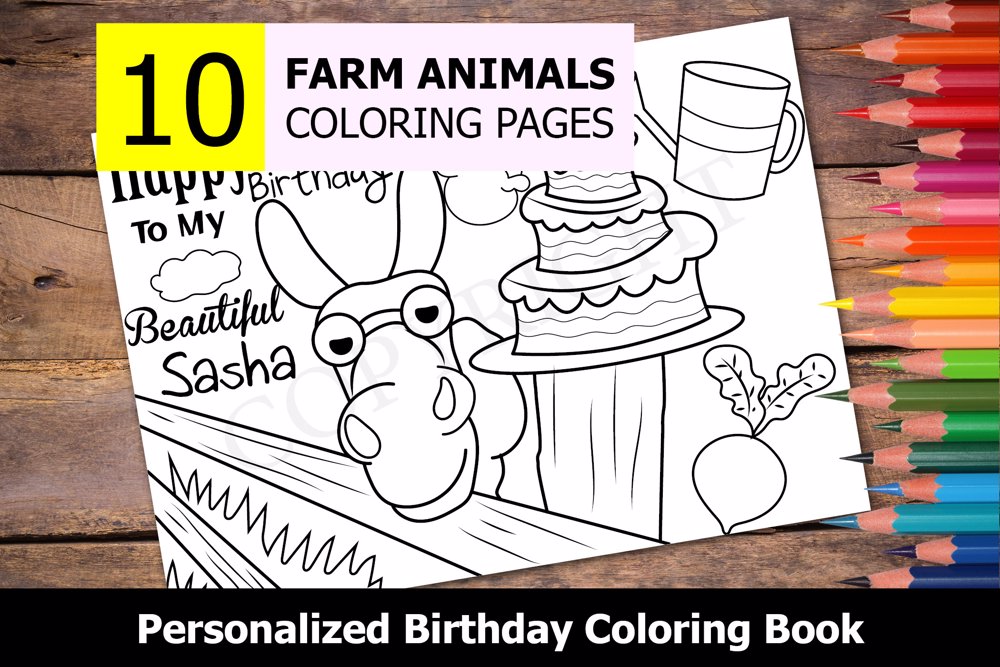 Farm Animals Theme Personalized Birthday Coloring Book
