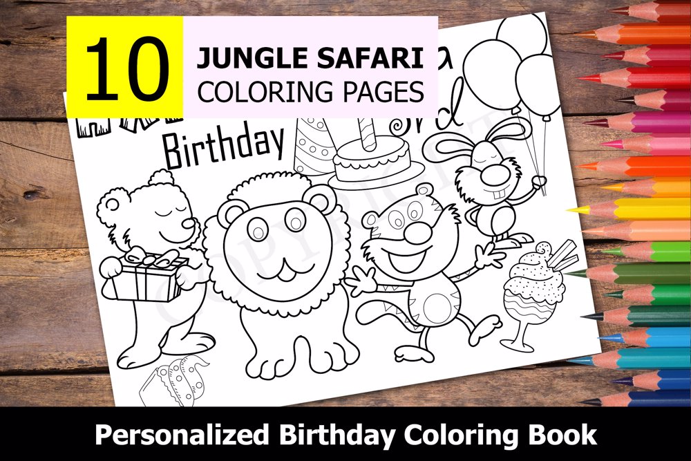 Jungle Safari Theme Personalized Birthday Coloring Book