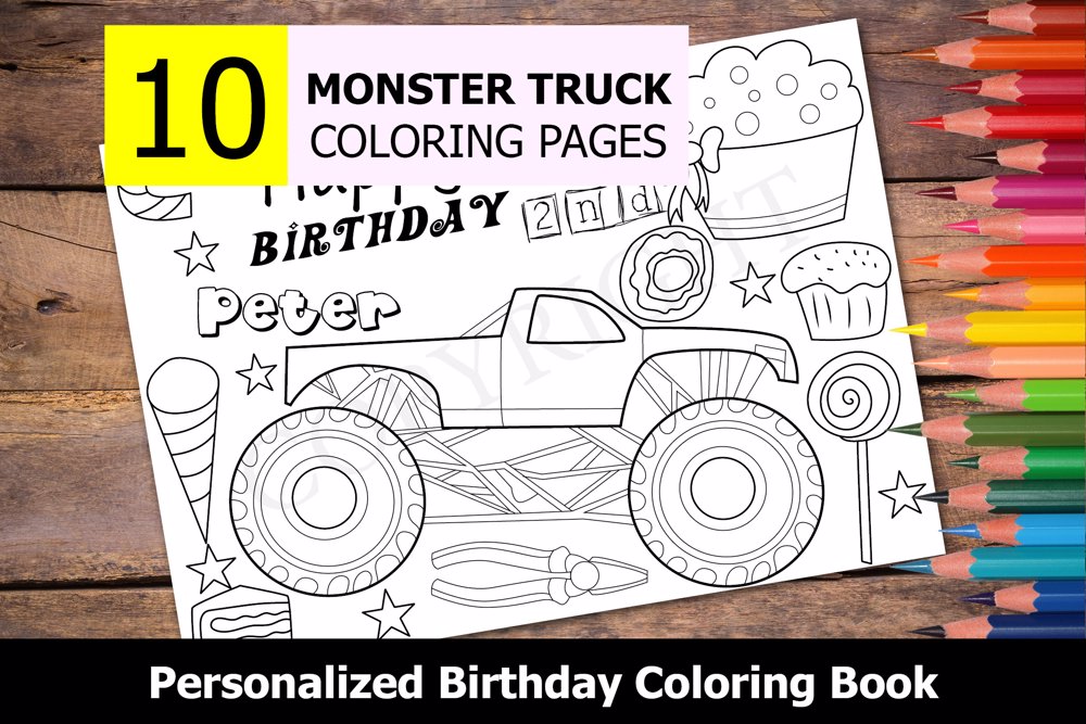 Monster Truck Theme Personalized Birthday Coloring Book