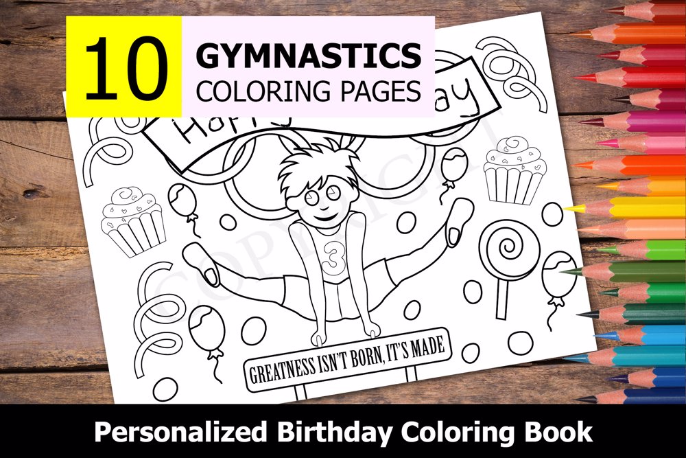 Gymnastics Theme Personalized Birthday Coloring Book