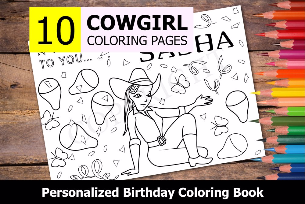 Cowgirl Theme Personalized Birthday Coloring Book