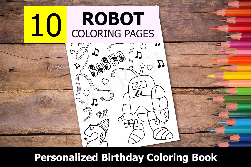 Robot Theme Personalized Birthday Coloring Book