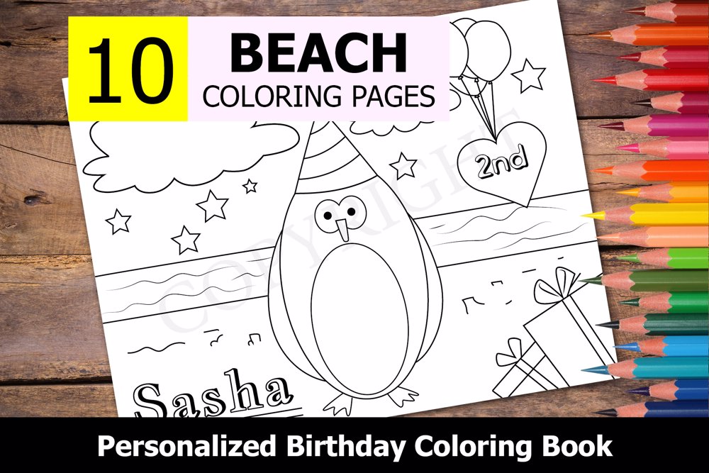 Beach Theme Personalized Birthday Coloring Book