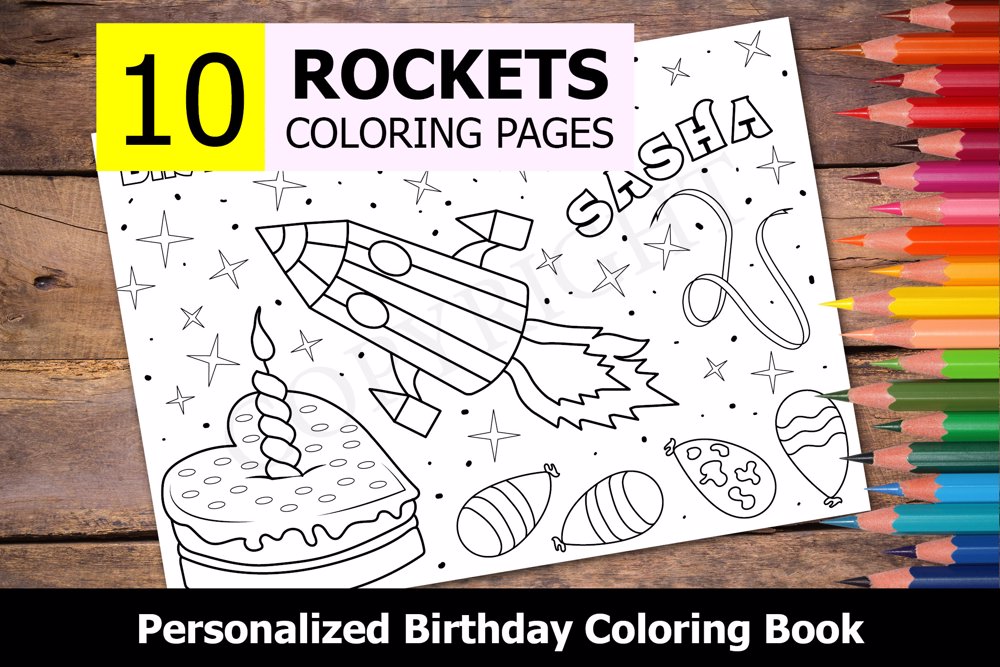 Rockets Theme Personalized Birthday Coloring Book